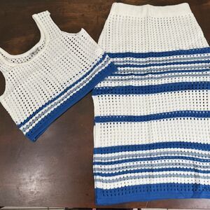 Crochet Knit Stripe Two-Piece Set Tank Top  Midi Skirt White Blue Beachwear L/XL